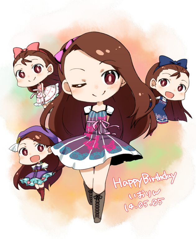2014, brown_hair, costume, hairband, happy_birthday, hat, idolmaster, long_hair