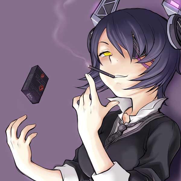 1girl, cigarette, cigarette_box, eyepatch, headgear, kantai_collection, nagaoka_kenzou, necktie, short_hair, simple_background, smirk, smoke, smoking, tenryuu_(kantai_collection), yellow_eyes