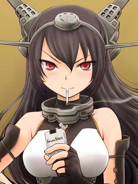 1girl, bare_shoulders, black_hair, breasts, cigarette, cigarette_box, commentary, fingerless_gloves