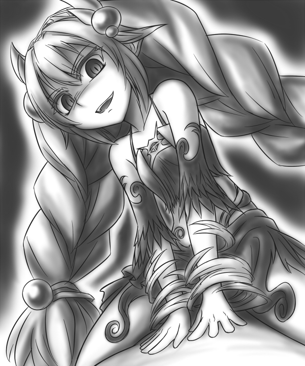 1girl, braid, duel_monster, hair_bobbles, hair_ornament, long_hair, looking_at_viewer, pataniito