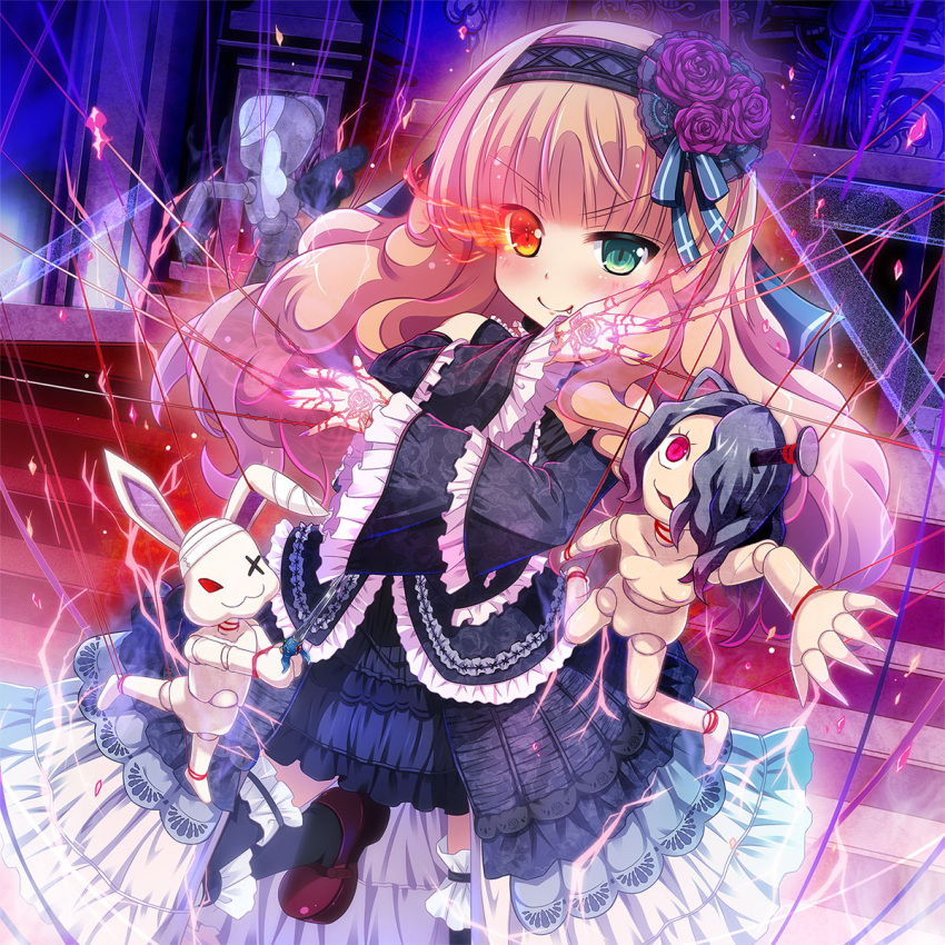 >:), 1girl, blue_eyes, blush, brown_hair, fang, fang_out, flaming_eye