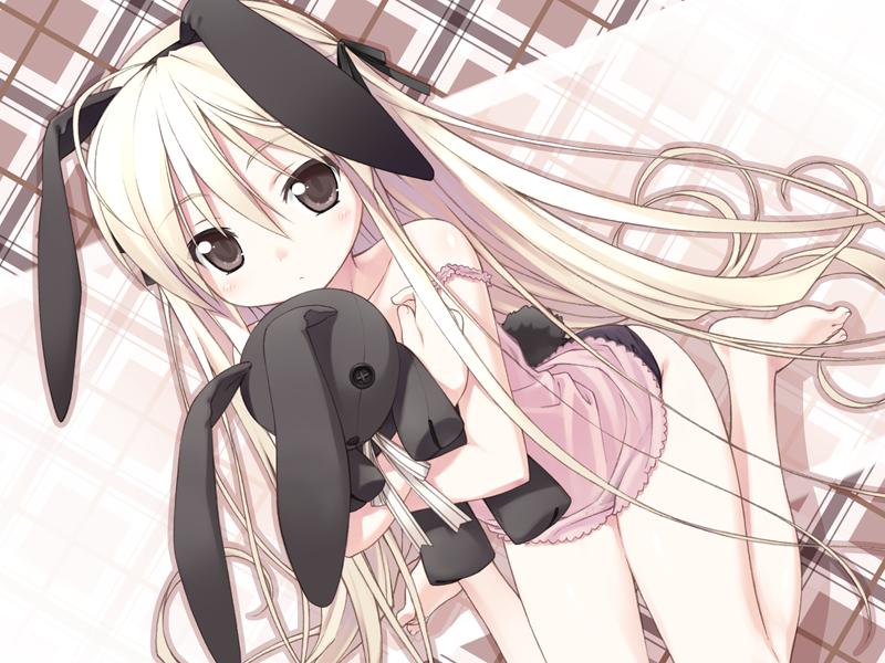 animal_ears, babydoll, barefoot, black_panties, blonde_hair, brown_eyes, bunny_ears, bunny_tail, dutch_angle, holding, kasugano_sora, loli, long_hair, mizuki_kotora, nightie, off_shoulder, panties, plush_animal, purple_eyes, rabbit, rabbit_ears, scut, sitting, stuffed_animal, stuffed_toy, tail, underwear, very_long_hair, wariza, yosuga_no_sora