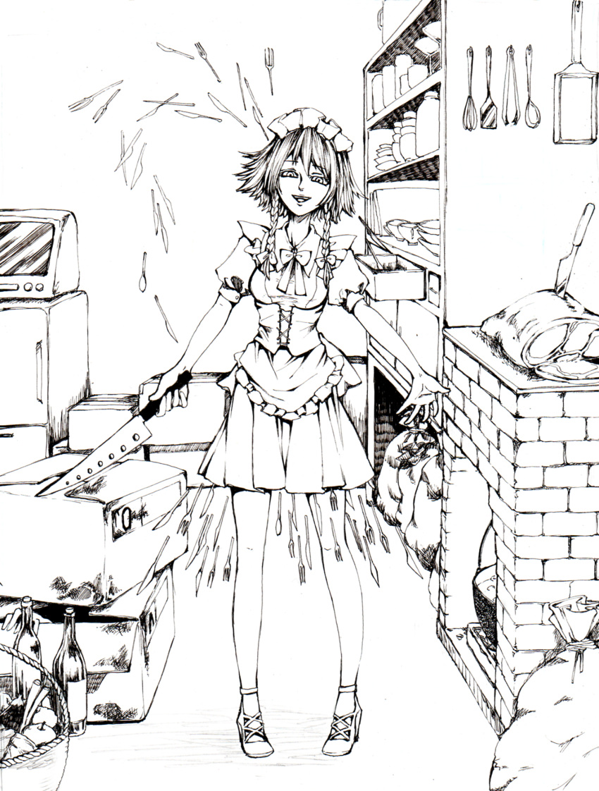 1girl, apple, apron, bag, basket, bottle, bowl, box