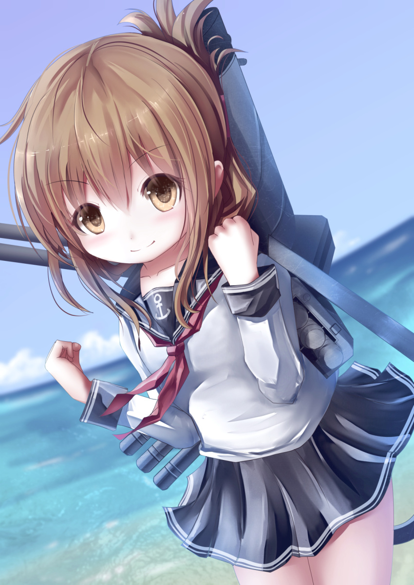 1girl, anchor_symbol, apple228, beach, brown_eyes, brown_hair, clenched_hands, commentary_request