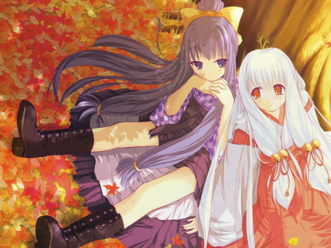 arima_mizuki, arima_yuzu, autumn, bell, boots, fall, hair_bell, hair_ornament