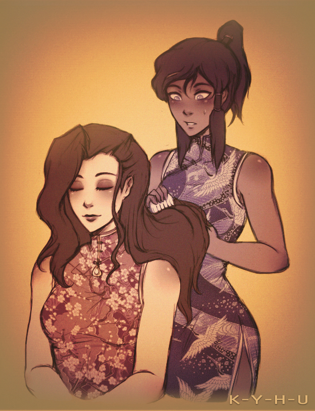 2girls, alternate_costume, asami_sato, avatar_legends, bangs, bare_shoulders, blush, china_dress
