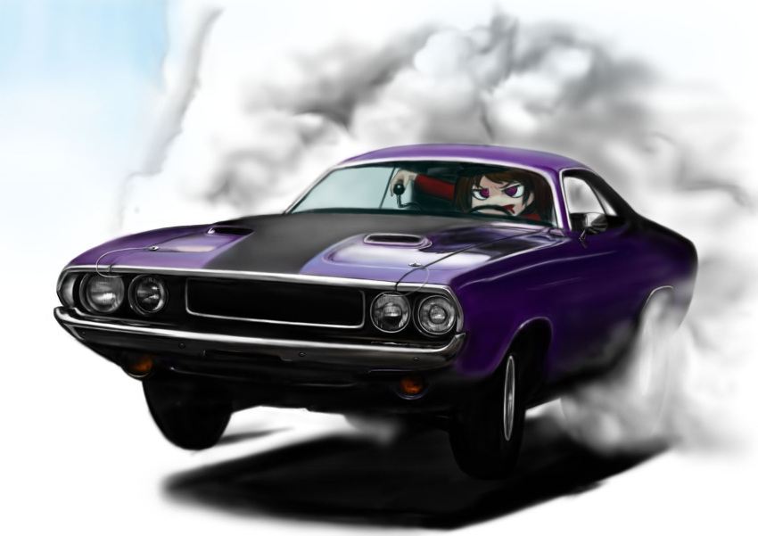 @_@, brown_hair, car, crazy_eyes, dodge_challenger, drooling, exhaust, highres, isago_ganma, kantai_collection, motor_vehicle, peeling_out, personification, ryuujou_(kantai_collection), smoke, tagme, twintails, vehicle, violet_eyes, visor_cap
