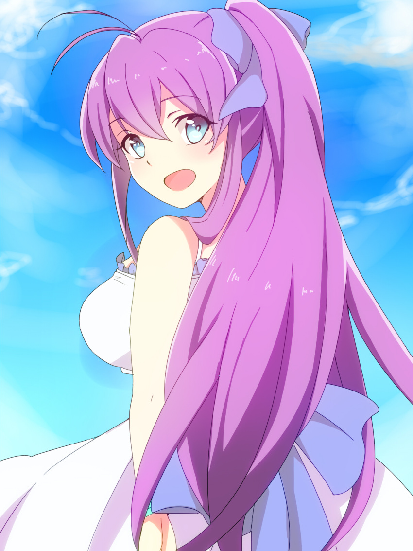 1girl, blue_eyes, blush, breasts, highres, long_hair, looking_at_viewer, open_mouth, ponytail, purple_hair, rikka_(aitiperopero), ryuugajou_nanana, ryuugajou_nanana_no_maizoukin, solo