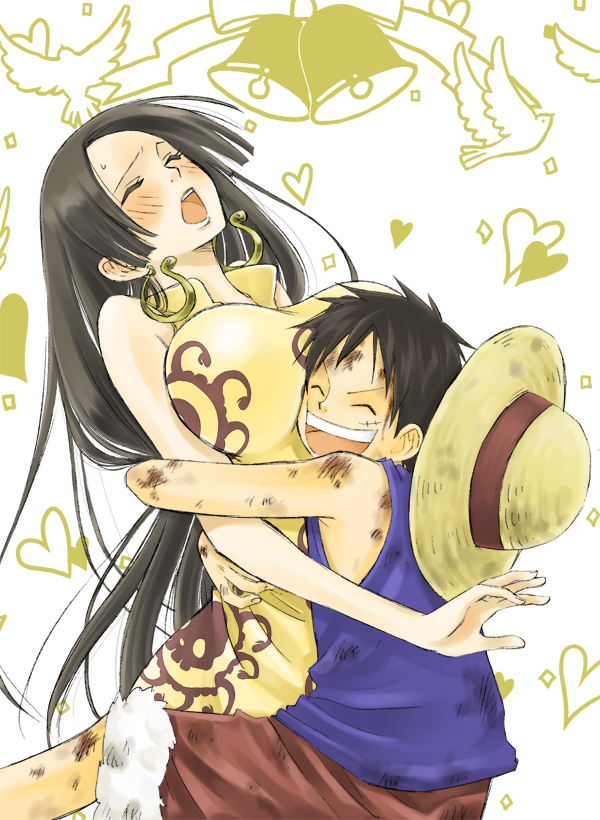 bird, black_hair, blush, boa_hancock, breast_press, breasts, closed_eyes, cocotri