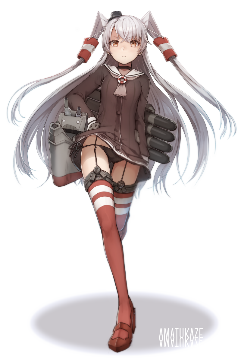 1girl, amatsukaze_(kantai_collection), brown_eyes, character_name, frown, garter_straps, hand_on_hip, kantai_collection