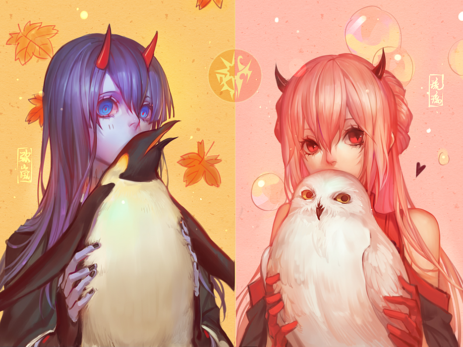 2girls, axis04, bird, black_nails, blue_eyes, blue_hair, bubble, emperor_penguin