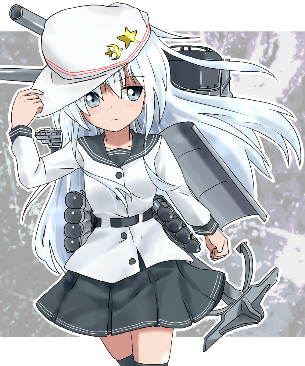 1girl, anchor, black_legwear, blue_eyes, blush, cannon, hammer_and_sickle, hat