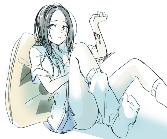 1girl, black_hair, blood, blue_skirt, boxcutter, bra, coppelion, cuts, injury, long_hair, looking_away, loose_socks, miniskirt, no_shoes, open_clothes, open_shirt, ozu_shion, pale_skin, panties, pantyshot, penki, pillow, radiation_symbol, shirt, short_sleeves, sitting, sketch, skirt, socks, solo, underwear, white_legwear, white_shirt, wrist_cutting