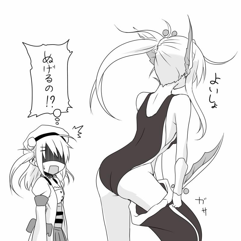 2girls, akkijin, leviathan_(shinkai_no_valkyrie), master_alchemist_(shinkai_no_valkyrie), monochrome, multiple_girls, shinkai_no_valkyrie, swimsuit