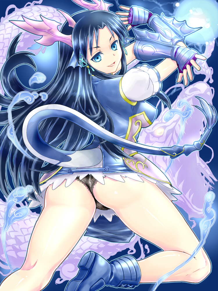 1girl, ass, blue_eyes, china_dress, chinese_clothes, dragon_tail, head_fins, horns