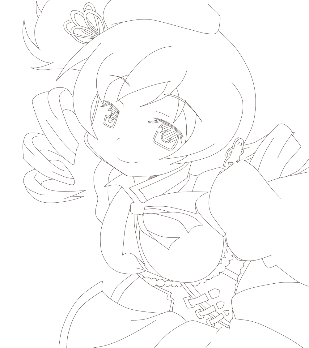 1girl, beret, breasts, corset, drill_hair, hair_ornament, hat, large_breasts