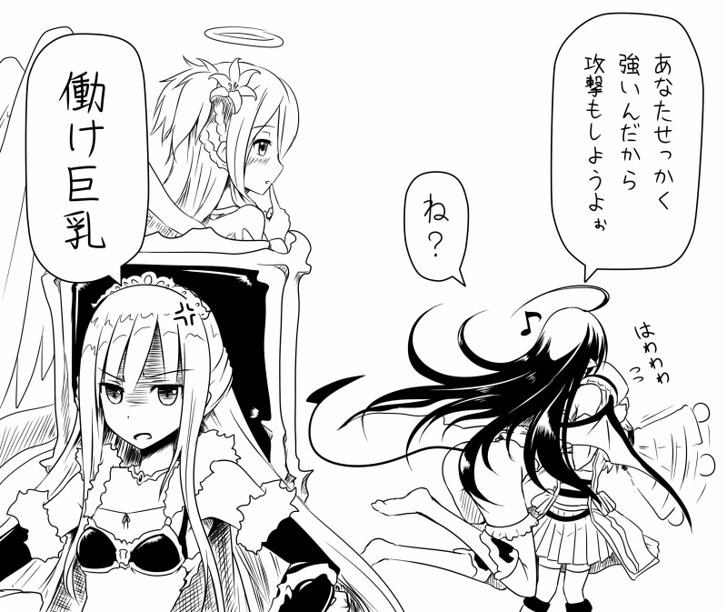 4girls, akkijin, angel_(shinkai_no_valkyrie), anger_vein, lilim_(shinkai_no_valkyrie), mammon_(shinkai_no_valkyrie), master_alchemist_(shinkai_no_valkyrie), monochrome, multiple_girls, musical_note, shinkai_no_valkyrie, translated