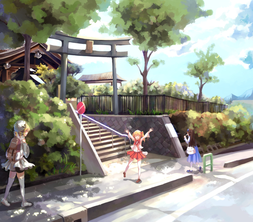 3girls, absurdres, architecture, arms_up, backpack, bag, blonde_hair, blouse