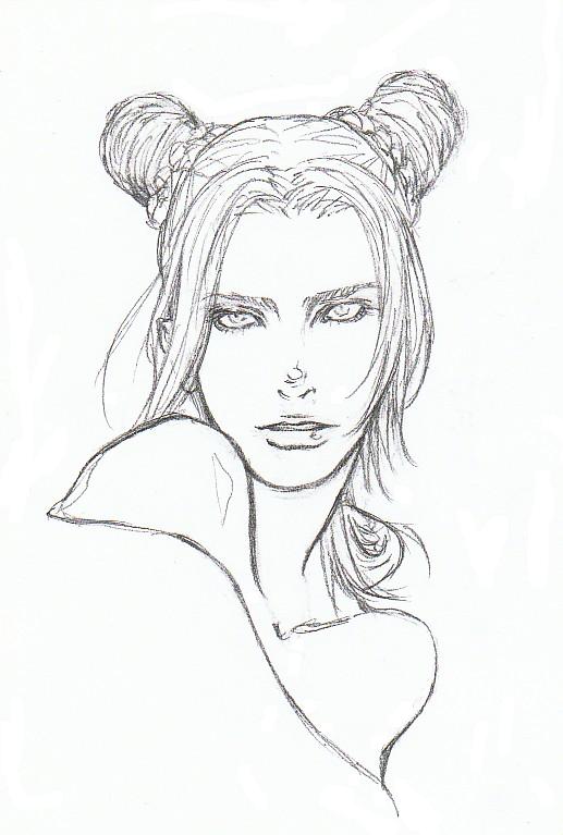 1girl, bare_shoulders, bust, double_bun, graphite_(medium), jack_(jack1089), jojo_no_kimyou_na_bouken, kuujou_jolyne, monochrome, simple_background, solo, traditional_media