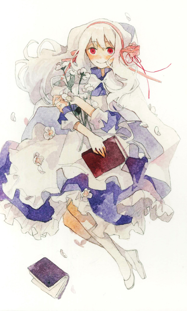 1girl, blank_eyes, book, dress, empty_eyes, flower, hair_ribbon, kagerou_project, kozakura_mary, lilee_(llaynie), long_hair, red_eyes, ribbon, smile, traditional_media, watercolor_(medium), white_hair