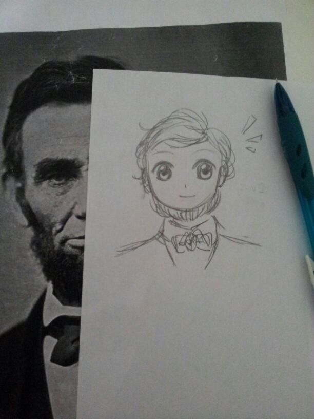 abraham_lincoln, beard, black_hair, comparison, facial_hair, flandre495, looking_at_viewer, mechanical_pencil