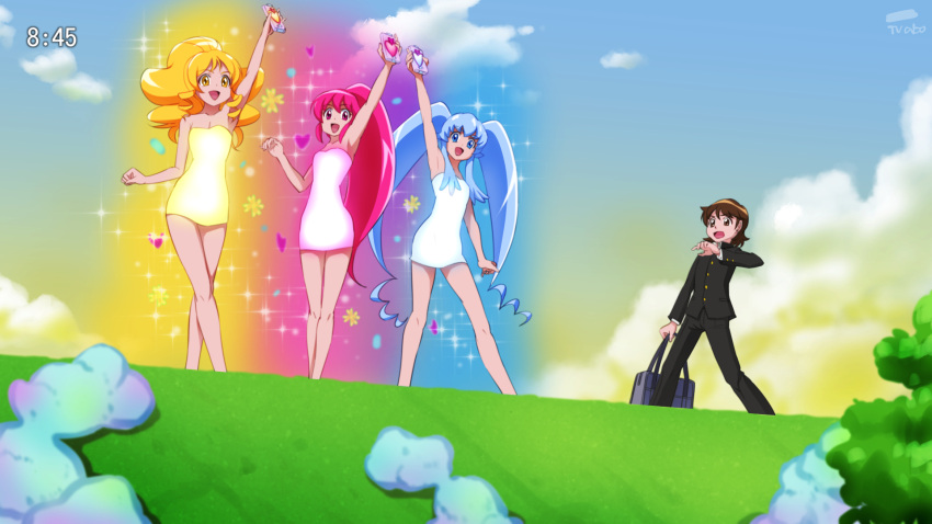 1boy, 3girls, aino_megumi, blonde_hair, blue_eyes, blue_hair, brown_eyes, brown_hair