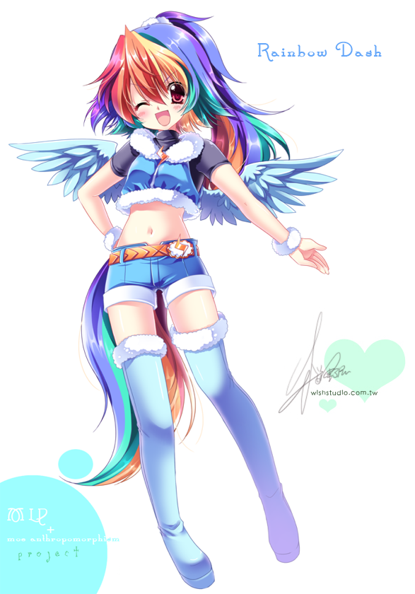 1girl, ;d, belt, blue_legwear, blush, boots, character_name, crop_top