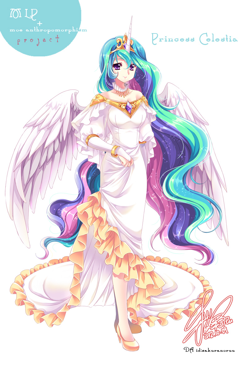 1girl, bridal_gauntlets, celestia_(my_little_pony), character_name, crown, dress, feathered_wings, full_moon