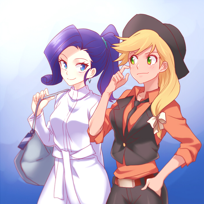 2girls, applejack, bag, belt, blonde_hair, blue_eyes, blue_hair, blush, cowboy_hat, dress, earrings, green_eyes, hand_in_pocket, hat, jewelry, long_hair, long_sleeves, megarexetera, multiple_girls, my_little_pony, my_little_pony_friendship_is_magic, orange_shirt, pants, personification, ponytail, rarity, shirt, smile, vest, white_dress