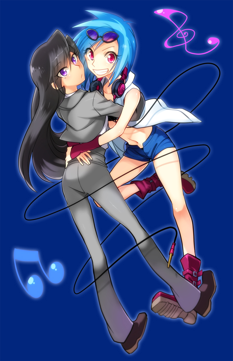 2girls, black_hair, blue_background, blue_hair, boots, frown, grin, headphones