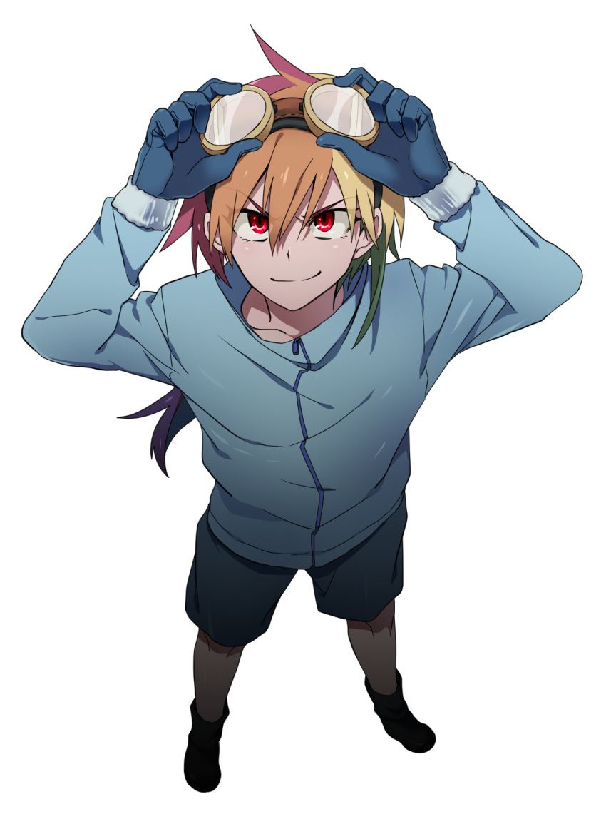 1girl, blue_gloves, full_body, gloves, goggles, goggles_on_head, highres, jacket
