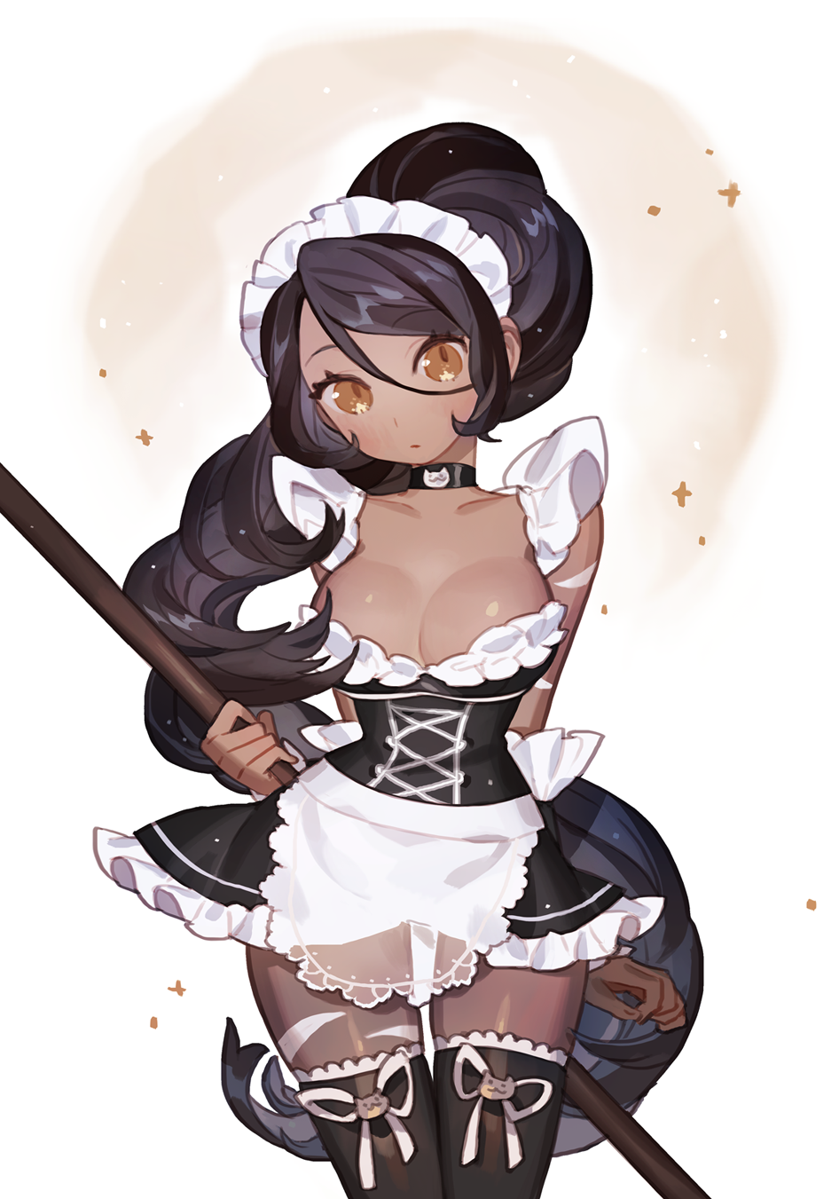 1girl, alternate_costume, black_hair, black_legwear, blush, breasts, brown_eyes, cleavage, dark_skin, dress, frown, gwayo, highres, league_of_legends, long_hair, maid, maid_headdress, nidalee, ponytail, solo, standing, thigh-highs