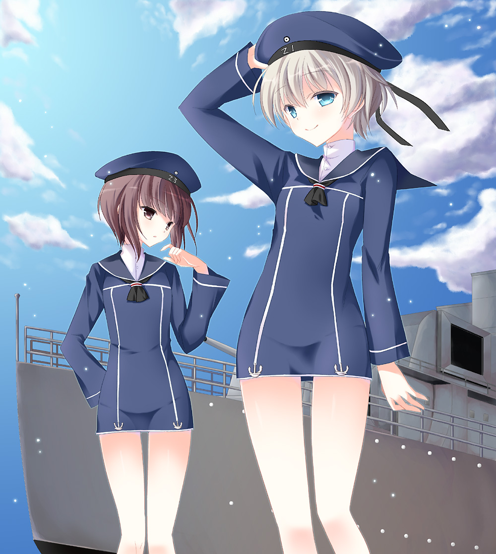 2girls, battleship, blue_eyes, brown_eyes, brown_hair, hand_on_headwear, hat, kantai_collection