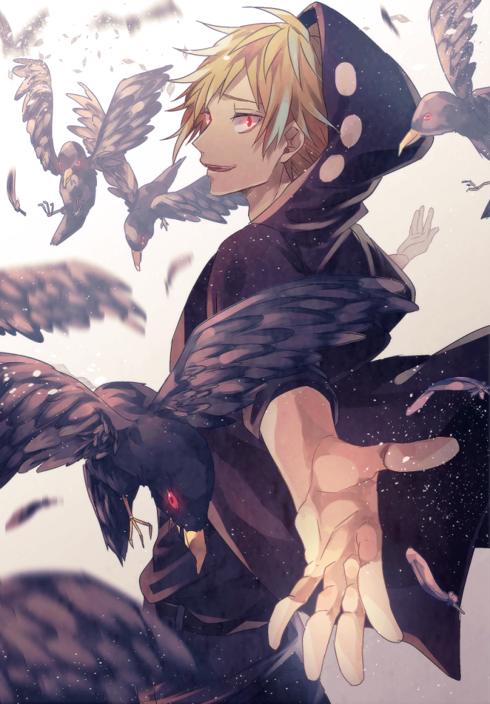 1boy, ailm, bird, blonde_hair, crow, hoodie, kagerou_project, kano_shuuya