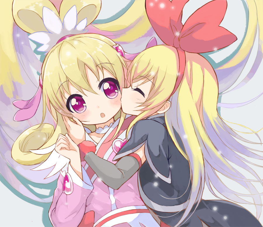 2girls, aida_mana, blonde_hair, blush, bow, cheek_kiss, choker, closed_eyes