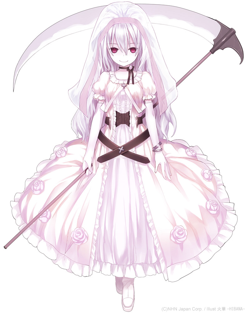1girl, babylon_(game), choker, headdress, hibanar, long_hair, looking_at_viewer, original, red_eyes, ribbon_choker, scythe, smile, tagme, white_hair