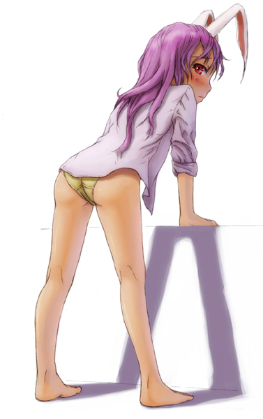 ass, bad_id, barefoot, blush, bottomless, bunny_ears, feet, kurione_(pixiv)