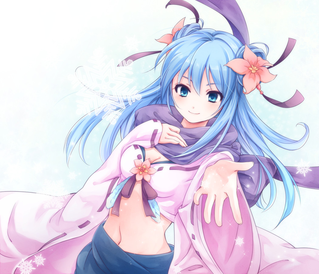1girl, blue_eyes, blue_hair, blush, breasts, cromi_(shiki), flower, hair_flower