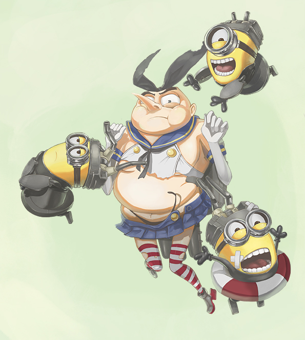 1boy, black_panties, despicable_me, elbow_gloves, gloves, goggles, gru_(despicable_me), hair_ornament, hairband, innertube, kantai_collection, looking_at_viewer, minion_(despicable_me), navel, panties, parody, pleated_skirt, ran_yu, rensouhou-chan, rensouhou-chan_(cosplay), shimakaze_(kantai_collection), shimakaze_(kantai_collection)_(cosplay), skirt, striped, striped_legwear, thigh-highs, torn_clothes, torn_thighhighs, underwear, wardrobe_malfunction, white_gloves, zettai_ryouiki