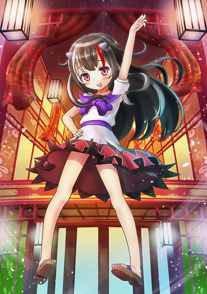 1girl, :p, alternate_hair_length, alternate_hairstyle, bare_legs, black_hair, building, dress, hand_on_hip, interlaken, kijin_seija, long_hair, multicolored_hair, raised_hand, red_eyes, sandals, tongue, touhou