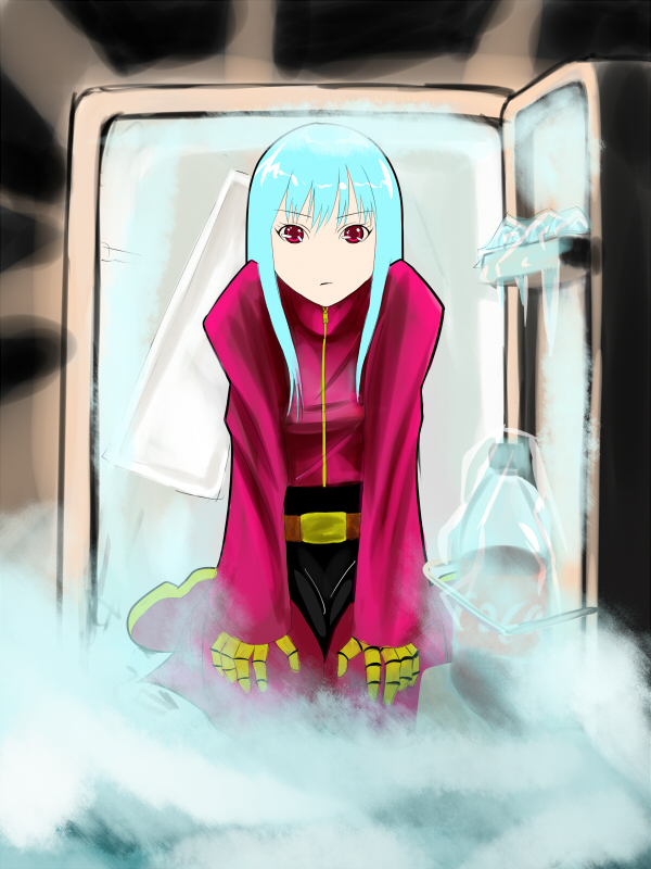 1girl, blue_hair, in_container, in_refrigerator, king_of_fighters, kula_diamond, long_hair, looking_at_viewer