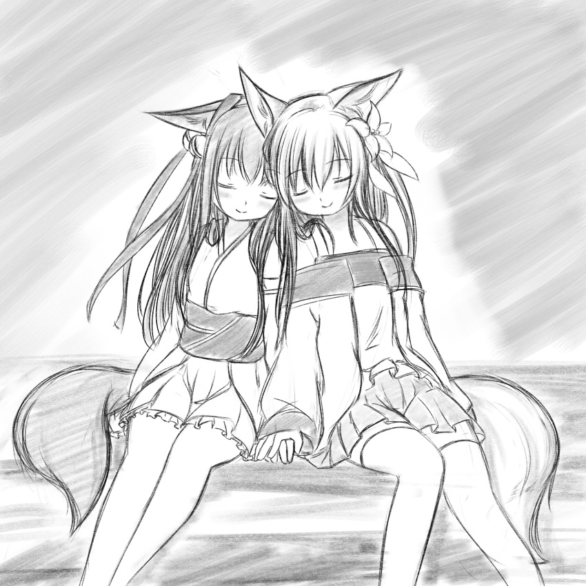 2girls, animal_ears, bell, blush, closed_eyes, flower, fox_ears, fox_tail, hair_flower, hair_ornament, hanami_shione, highres, holding_hands, jingle_bell, long_hair, monochrome, multiple_girls, original, playjoe2005, smile, tail, tamani_wakashi, yuri