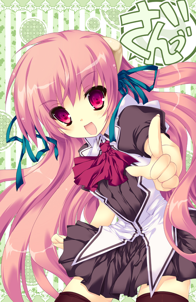 1girl, blush, eco_(dragonar), horns, long_hair, open_mouth, pink_hair, pointing