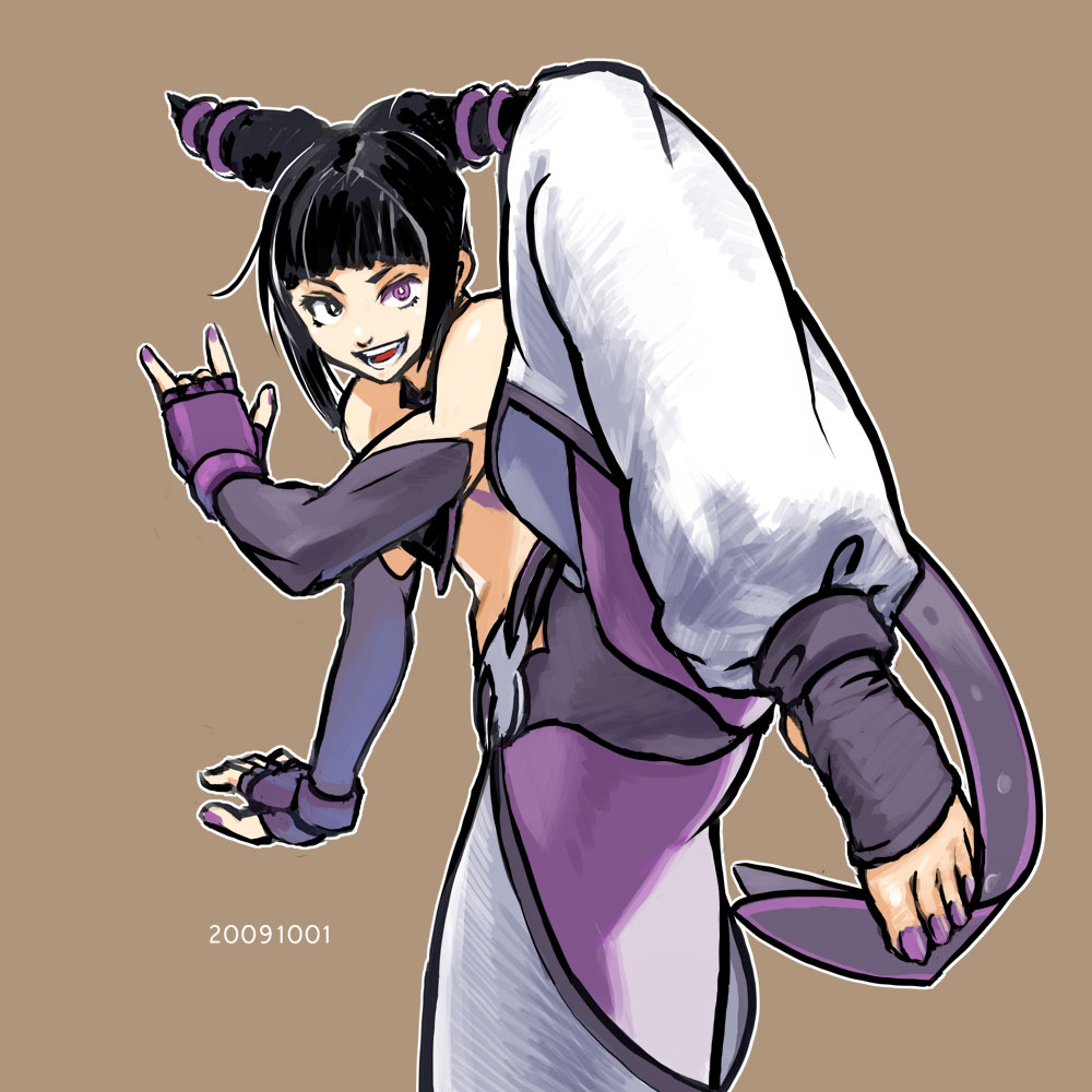 \m/, barefoot, black_hair, capcom, chaps, elbow_gloves, feet, fighting_stance