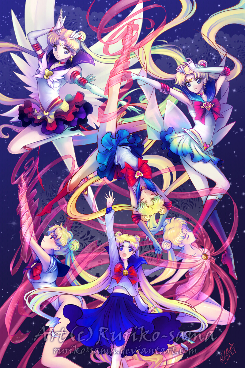 6+girls, :o, arm_up, artist_name, bishoujo_senshi_sailor_moon, blonde_hair, blue_background, blue_dress