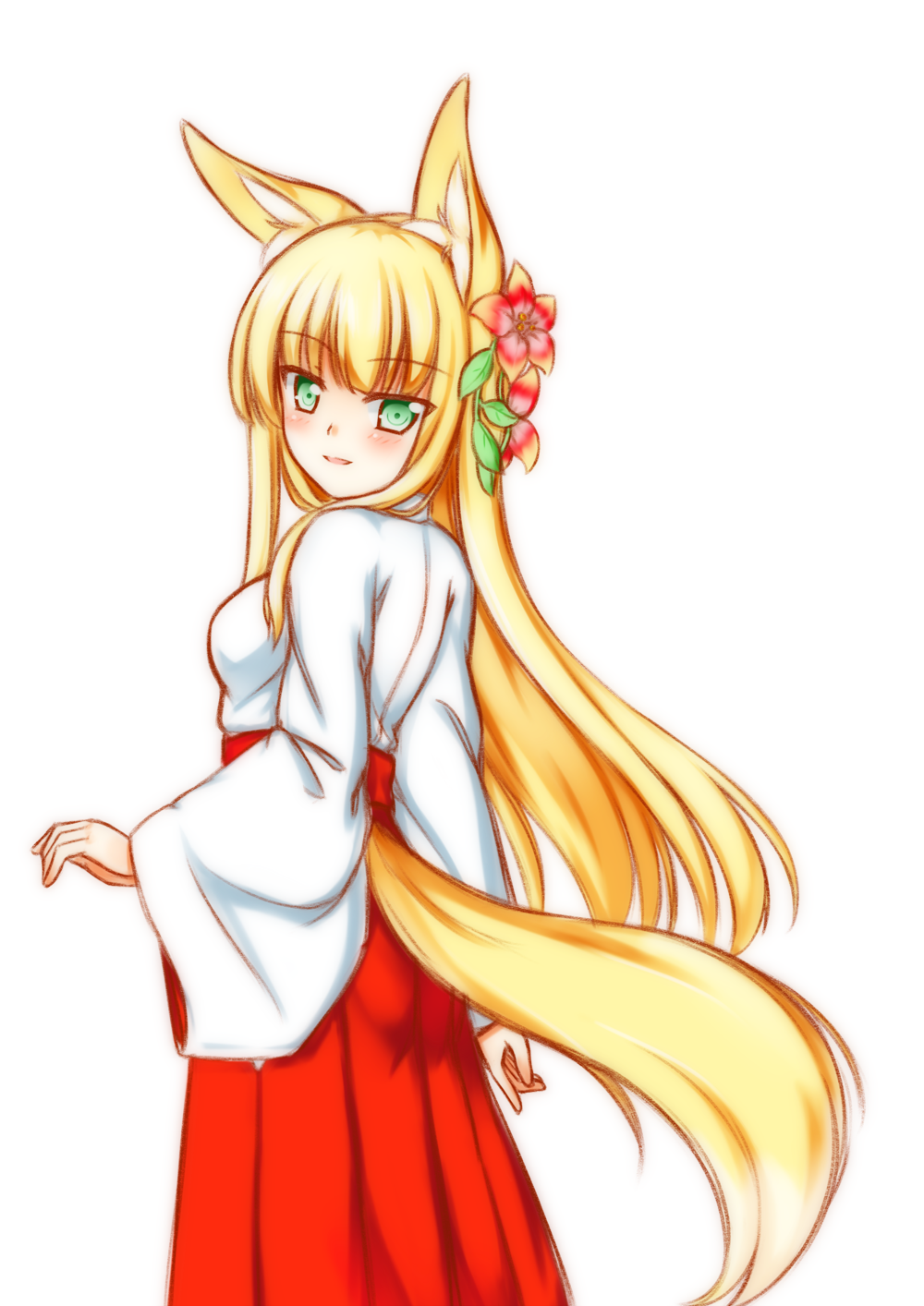 animal_ears, blonde_hair, blush, flower, fox_ears, fox_tail, green_eyes, hair_flower, hair_ornament, highres, himeka_chine, looking_back, original, playjoe2005, simple_background, solo, tail, white_background