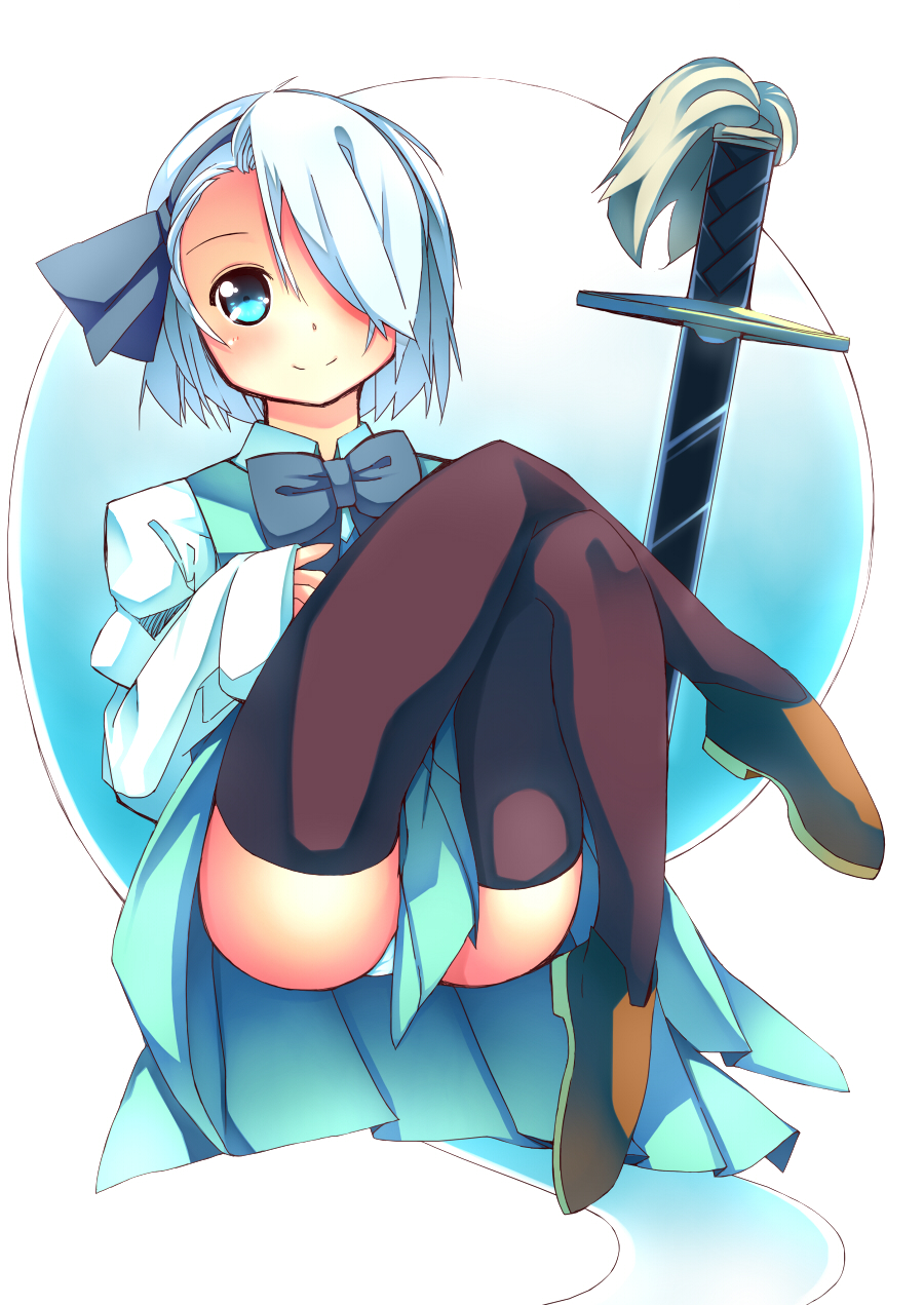 1girl, black_legwear, green_eyes, hair_over_one_eye, hair_ribbon, hairband, highres, hitodama