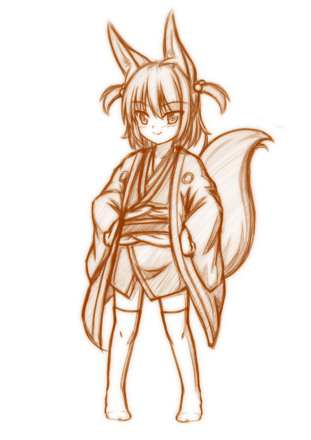 1girl, animal_ears, fox_ears, fox_tail, hands_on_hips, highres, himeka_chidori, monochrome, original, playjoe2005, short_hair, simple_background, smile, solo, tail, white_background