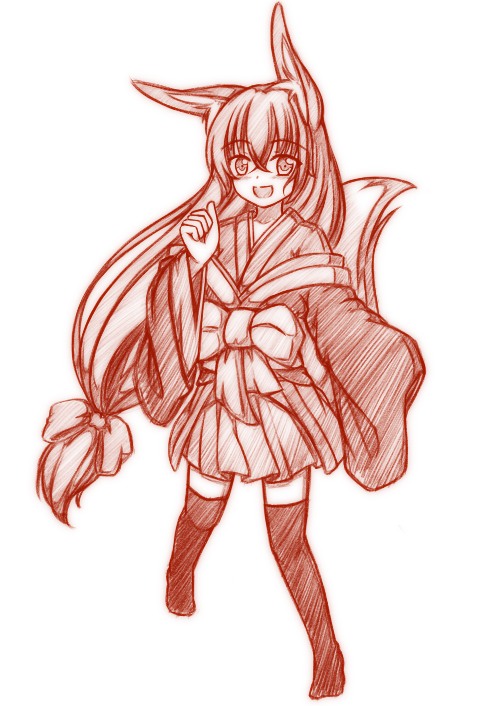 1girl, animal_ears, bow, fox_ears, fox_tail, highres, himeka_chigaku, long_hair, monochrome, open_mouth, original, playjoe2005, simple_background, skirt, smile, solo, tail, thigh-highs, very_long_hair, white_background