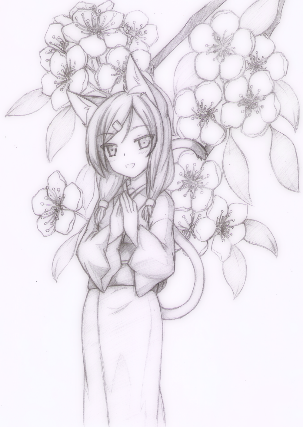 1girl, animal_ears, cat_ears, cat_tail, flower, haruakira_rika, highres, japanese_clothes